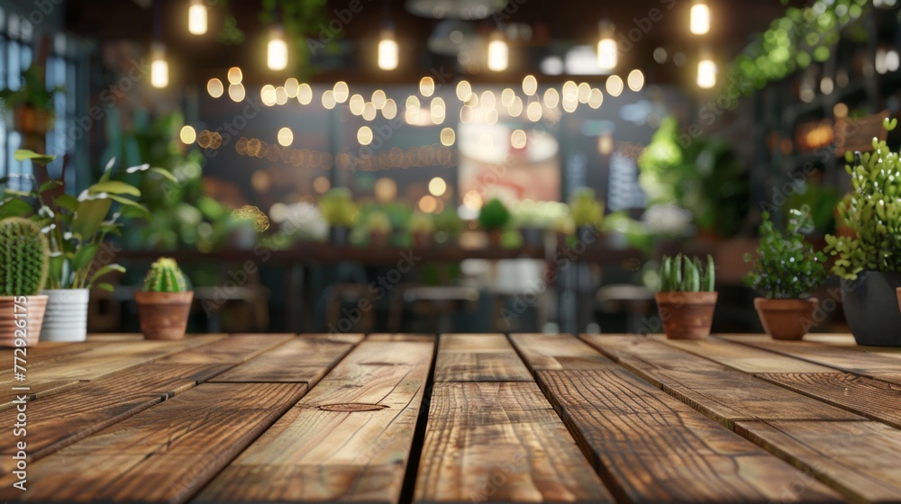 A wooden table displaying various potted plants on top, creating a natural and green visual A wooden table displaying various potted plants on top, creating a natural and green visual