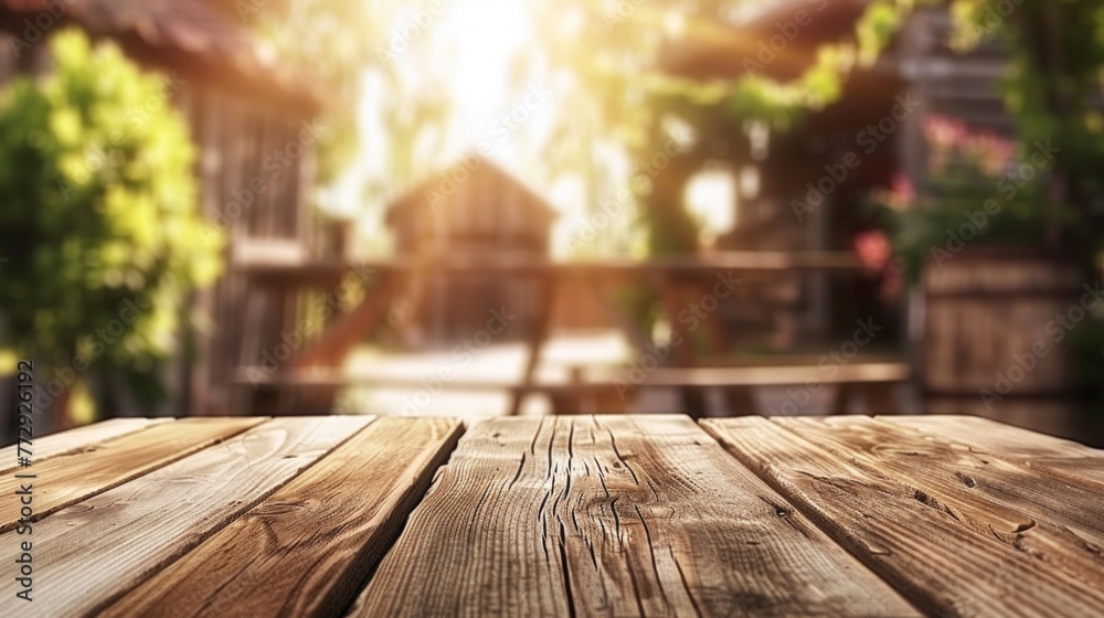 A wooden table is featured with a bench in the blurred background
