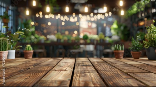 A wooden table displaying various potted plants on top  creating a natural and green visual