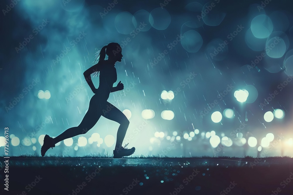 Female athlete running silhouette at night stadium, determination and perseverance, digital art
