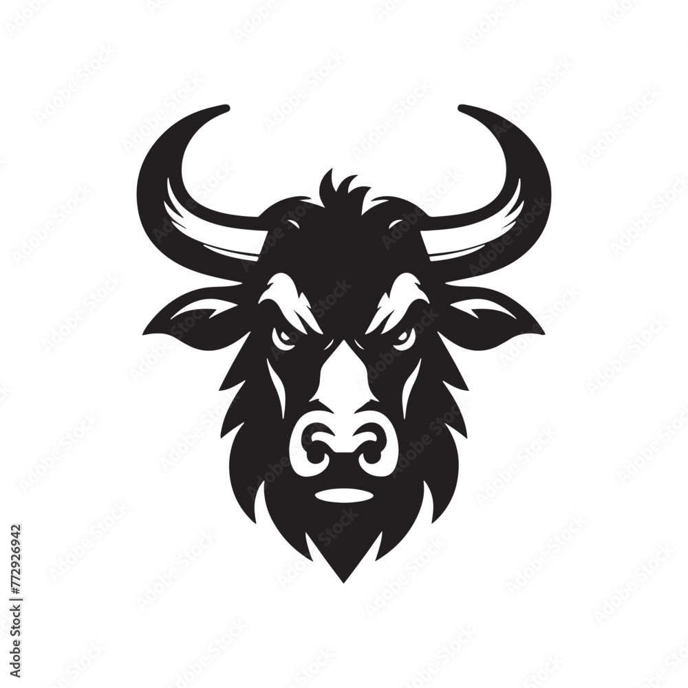 Vector Silhouette of an Angry Ox Exuding Raw Power and Intensity in Motion- Angry OX Black Vector Stock.