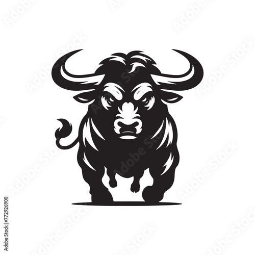 Vector Silhouette of an Angry Ox Exuding Raw Power and Intensity in Motion- Angry OX Black Vector Stock.