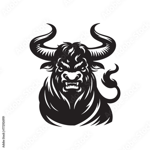 Vector Silhouette of an Angry Ox Exuding Raw Power and Intensity in Motion- Angry OX Black Vector Stock.