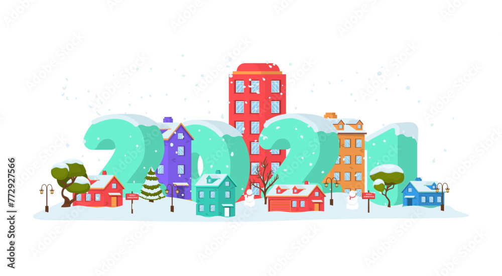 2021 on Panoramic winter landscape in city park with snow covering. Happy New Year 2021 with winter landscape in city on Christmas eve. Cityscape. Buildings. Vector illustration