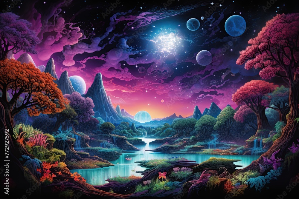 Obraz premium Fantasy alien planet with colorul landscape. Ai generative