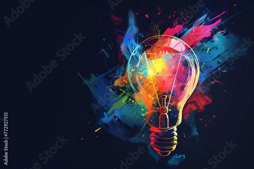 Glowing light bulb with colorful idea banner and copy space, creative thinking concept illustration