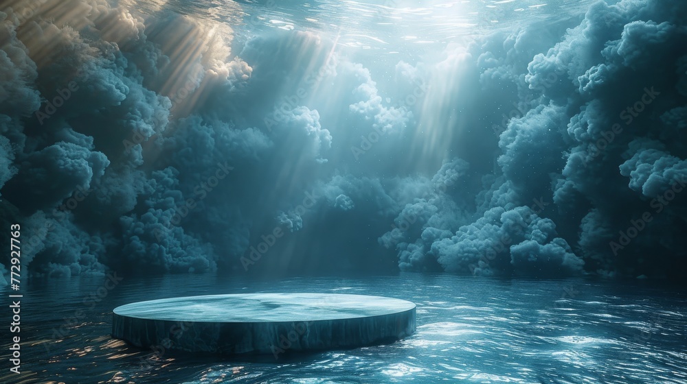 Dreamlike underwater scene with a circular glass podium surrounded by a sea of clouds, evoking serenity - obrazy, fototapety, plakaty 