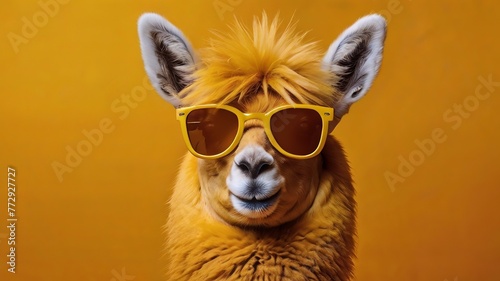 Illustration of Cute and funny lama in retro sunglasses isolated on studio yellow background. Concept of vacation, travel, cards, design, party, birthday. AI generated