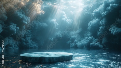 Dreamlike underwater scene with a circular glass podium surrounded by a sea of clouds, evoking serenity photo