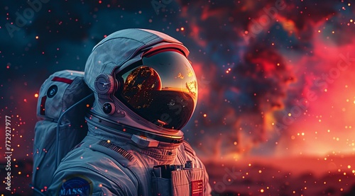 Astronaut in Space Suit with Blue Gloves and Red Sunglasses Generative AI photo
