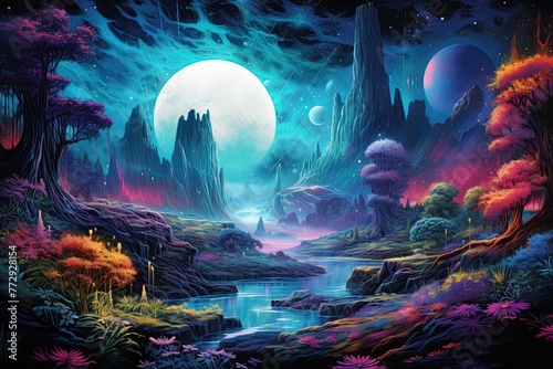 Fantasy alien planet with colorul landscape. Ai generative © ArtmediaworX