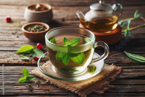 Green tea in a clear cup with mint . On a rustic wooden table