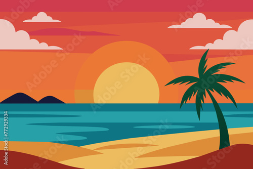 Sunset on Summer Beach background Vector Illustration design © mobarok8888
