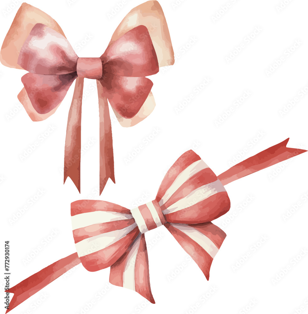 Satin red striped gift bow with ribbon, pink gift bow in watercolor style. Template for gift decoration, greeting cards, invitation, wedding card, celebration, anniversary, birthday Satin red striped gift bow with ribbon, pink gift bow in watercolor style. Template for gift decoration, greeting cards, invitation, wedding card, celebration, anniversary, birthday