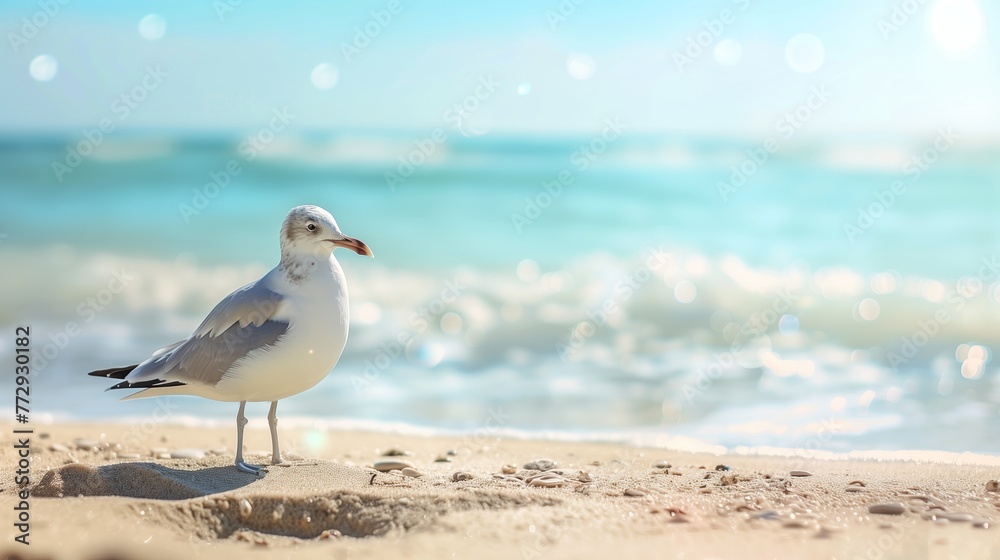 A seagull is standing on the beach, looking out at the ocean A seagull is standing on the beach, looking out at the ocean