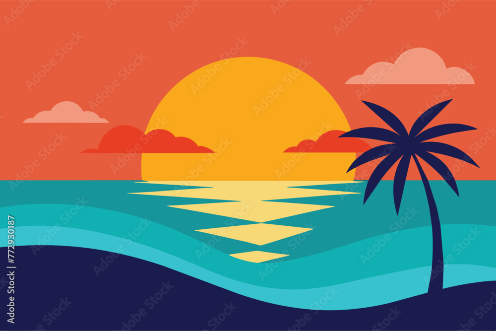 Sunset on Summer Beach background Vector Illustration design