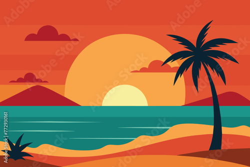 Sunset on Summer Beach background Vector Illustration design © mobarok8888