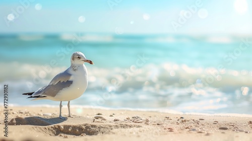 A seagull is standing on the beach, looking out at the ocean © CuratedAIMasterpiece