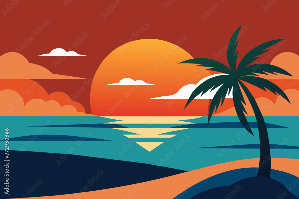 Sunset on Summer Beach background Vector Illustration design