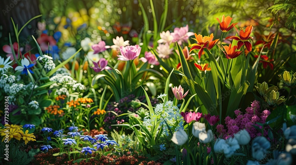 Fototapeta premium Tulips. Flowers, peonies, buttercup, spring, March, bouquet, holiday, gift, flowerbed, give, red, yellow, white, garden, field, smell, bud, stems. Generated by AI