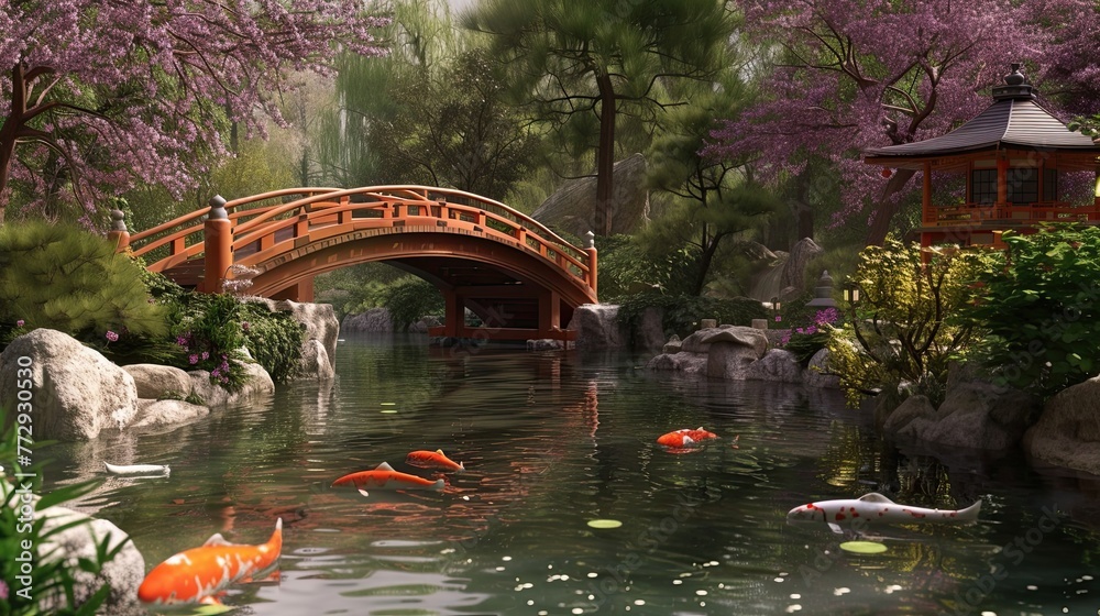 Wooden bridge over a lake with fish. River, crossing, road, water, arch, sea, aquarium, fishing, scales, fishing rod, fin, flock, algae, food. Generated by AI Wooden bridge over a lake with fish. River, crossing, road, water, arch, sea, aquarium, fishing, scales, fishing rod, fin, flock, algae, food. Generated by AI