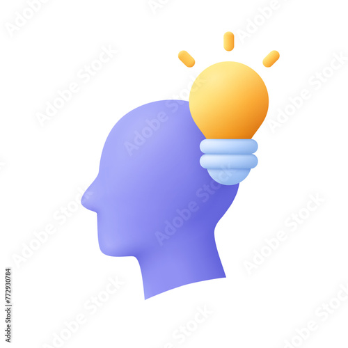 Human head profile with light bulb. Idea, inspiration and innovation concept. 3d vector icon. Cartoon minimal style.