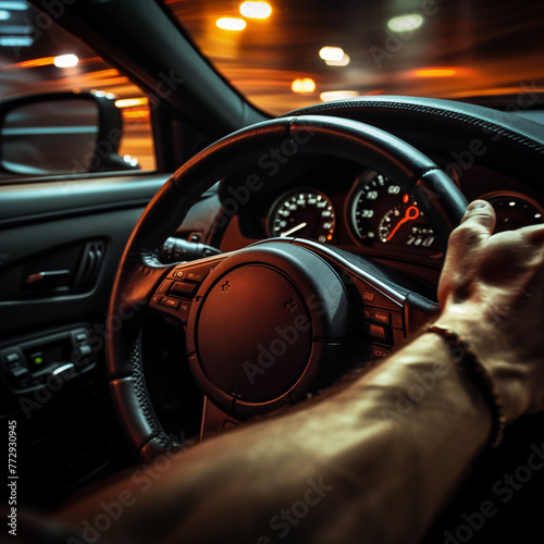 Dynamic shot from the driver's perspective, hands on the steering wheel as the car speeds along a blurred city street at night