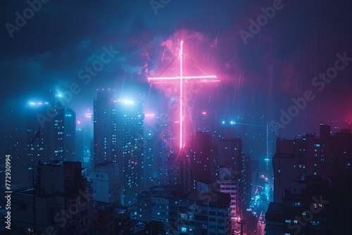 Pink Cross in the Sky A Glowing Night in the City Generative AI