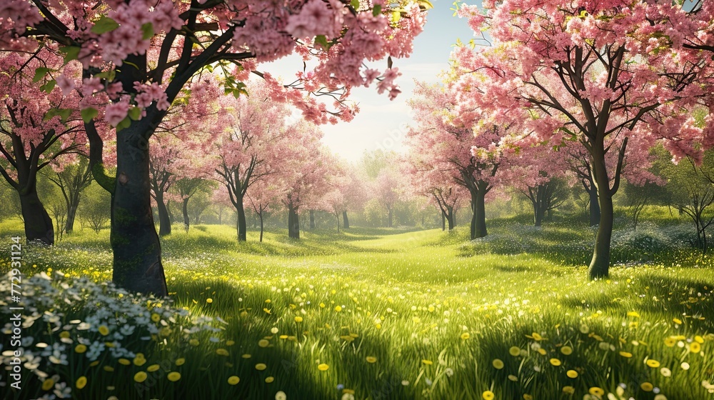 Field with cherry trees. Smell, material, grass, greens, nature, air, relaxation, beauty, forest, bloom, flower, petal, forest, foliage, fruit, seed, red, . Generated by AI