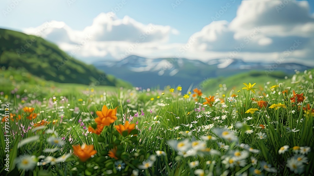 Field in the rays of sunset. Nature, evening, sun, clearing, greenery, grass, meadow, flowers, summer, freshness, picnic, pasture, hay, wheat, clover. Generated by AI