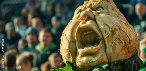 Zbliżenie na abstrakcyjna postać rzepy krzyczącą podczas meczu piłkarskiego