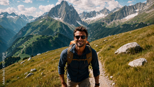 Uomo sorride felice mentre cammina durante un trekking estivo in montagna su un sentiero delle Alpi photo