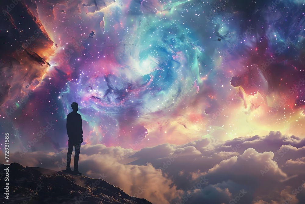 Man standing in awe before majestic cosmic nebula, sense of wonder and exploration, digital painting - obrazy, fototapety, plakaty 