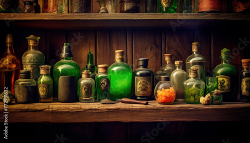 a lot of poison and specimens in the glass on the wood wardrobe  photo