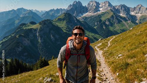 Uomo sorride felice mentre cammina durante un trekking estivo in montagna su un sentiero delle Alpi photo