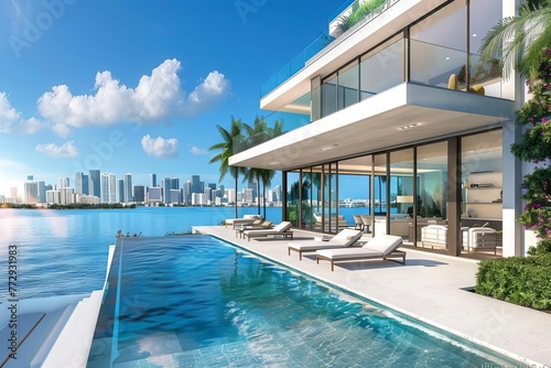 Modern villa with infinity pool overlooking Miami skyline, luxurious Florida real estate, 3D rendering