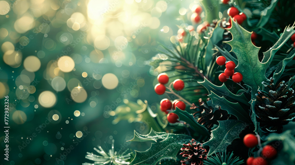 Christmas background. Holly leaves decoration with red berries. Christmas background. Holly leaves decoration with red berries.