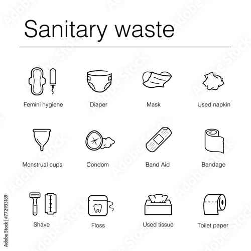 Ready sets of icons for separating sanitary waste in one colour. Vector elements are made with high contrast, one coloured, well suited to different scales.Ready for use in your design. EPS10.