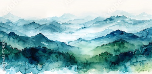 A Watercolor Painting of a Mountain Range with a Foggy Sky Generative AI