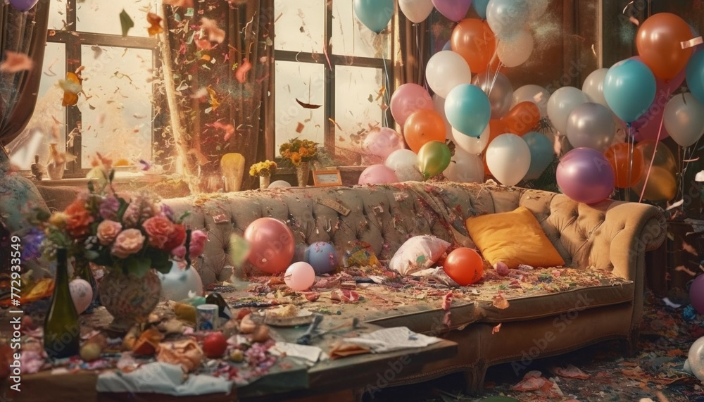 A messy party decoration in a living room