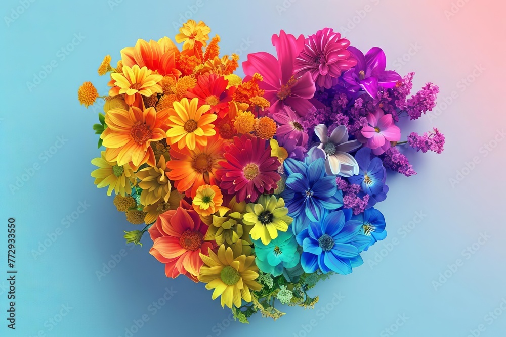 Rainbow colored heart made of flowers, LGBTQ love and pride concept, digital illustration
