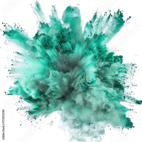 Freeze motion of green powder exploding, Abstract emerald dust explosion on white alpha, transparent, background png