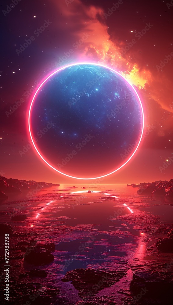 Glowing Planet Overlooking the Ocean Generative AI