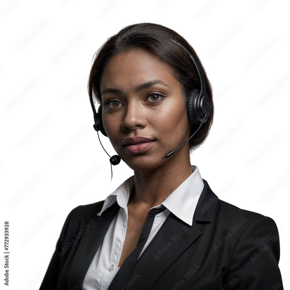 portrait of black female call center agent with black suit isolated on the white background portrait of black female call center agent with black suit isolated on the white background