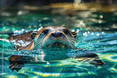 River otter swimming in crystal-clear water, wildlife photography, natural habitat, animal portrait photo