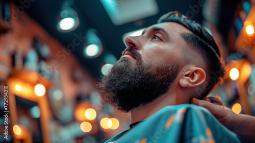A well-groomed man experiencing professional beard care at a modern barbershop.