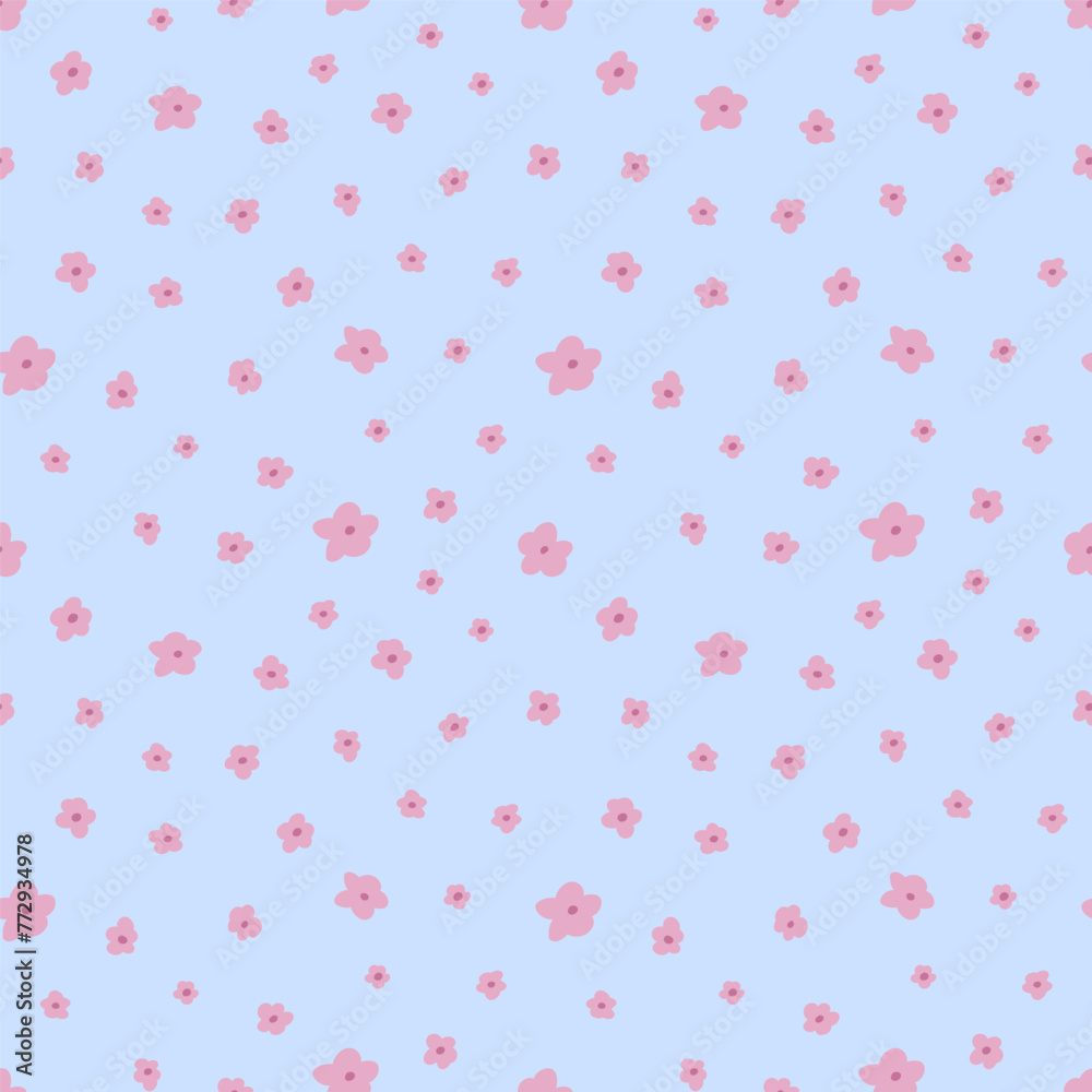 Vector seamless pattern. Sakura blossom. Floral abstract ornament. Hand drawn simple style.  Spring summer collection for textile, apparel, wrapping, wallpaper. Blue background.