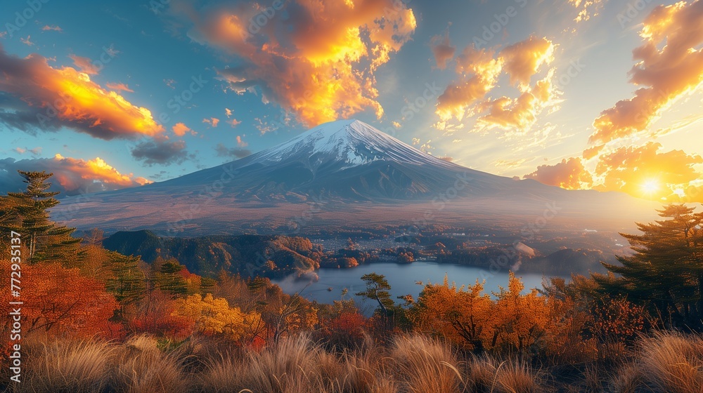 Volcanic eruption paints forest and lake with vibrant hues during the serene sunset hour.