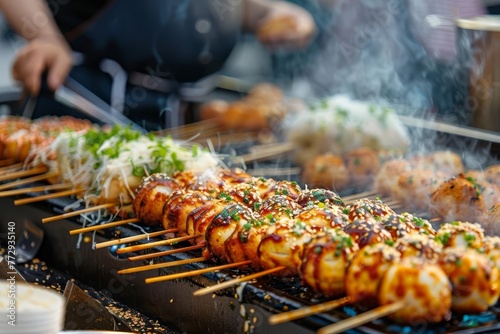 Tasty Japanese street food with takoyaki, yakitori, okonomiyaki and taiyaki, traditional cuisine photo