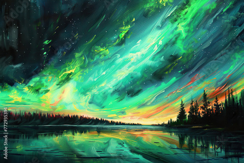 Generative ai on theme of beautiful northern lights  bright aurora borealis winter in atmosphere